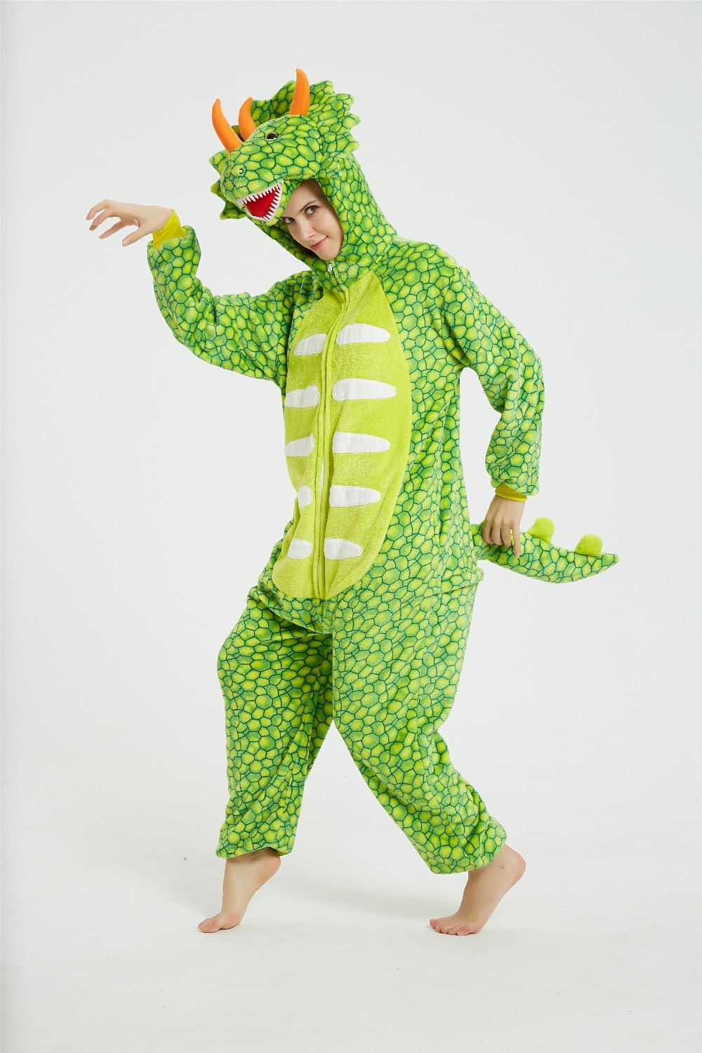 Nowy wysokiej jakości zielony dorosły Kigurumi smok Onesie flanelowy lew kostium Donosaur piżama zwierząt impreza z okazji Halloween kombinezon piżama