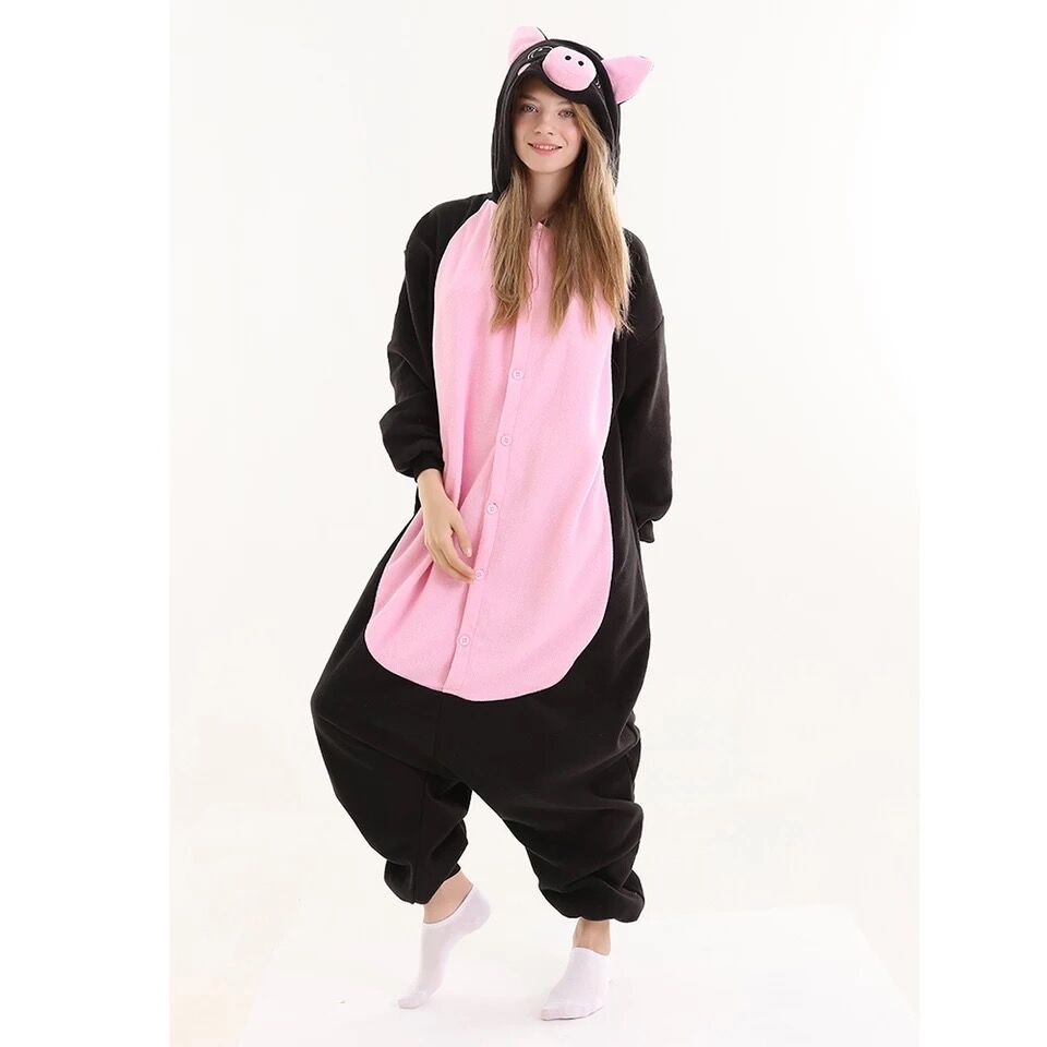 HKSNG dorosły czarny różowy świnia Onesie Kigurumi piżama zwierząt luźny kombinezon z długim rękawem śmieszne słodkie kostium imprezowy ciepłe ubrania do noszenia po domu