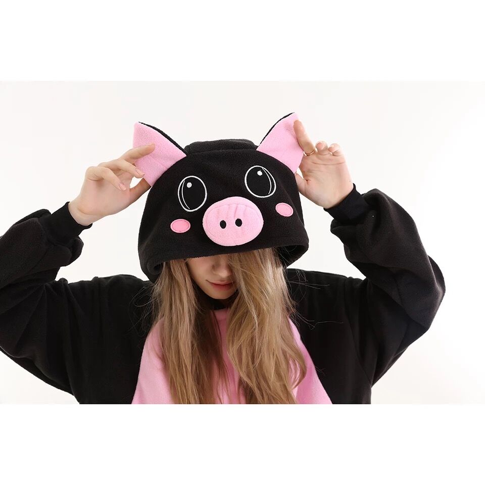 HKSNG dorosły czarny różowy świnia Onesie Kigurumi piżama zwierząt luźny kombinezon z długim rękawem śmieszne słodkie kostium imprezowy ciepłe ubrania do noszenia po domu