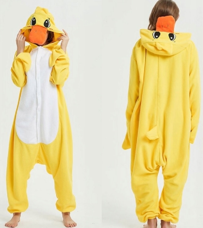 HKSNG Adult Kigurumi Yellow Duck Onesie Cartoon Fleece Pajamas Animal Halloween Party Costume Jumpsuits Hooded Pyjamas