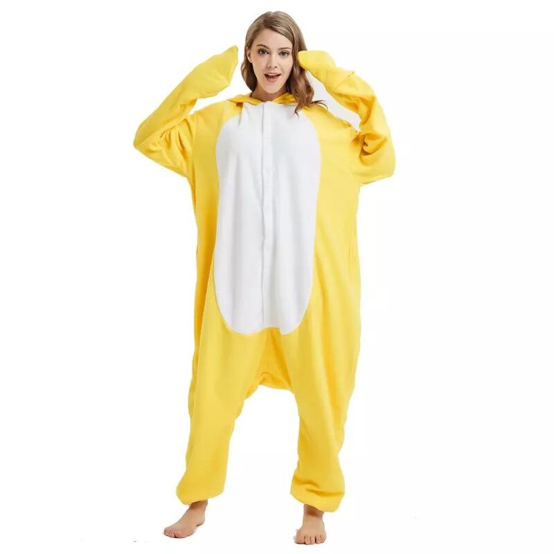 HKSNG Adult Kigurumi Yellow Duck Onesie Cartoon Fleece Pajamas Animal Halloween Party Costume Jumpsuits Hooded Pyjamas