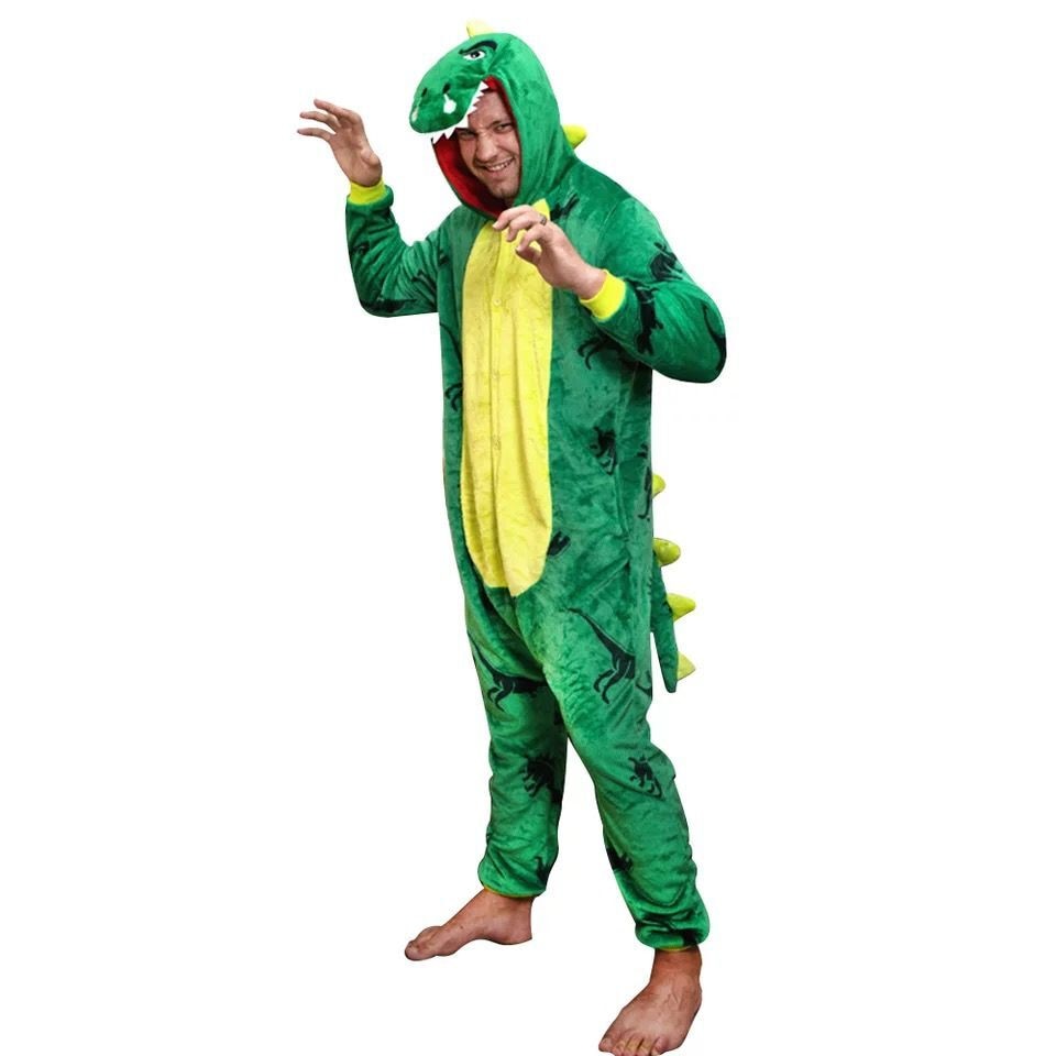 HKSNG XXL Size High Quality Adult Green Dinosaur Onesies Animal Pajamas Cosplay Costume Party Funny Jumpsuits Christmas