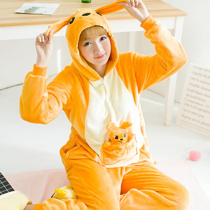 HKSNG Animal Adult Kangaroo Kigurumi Onesie Pajamas Flannel Cartoon Family Party HalloweenCosplay Costume Sleepwear Zipper