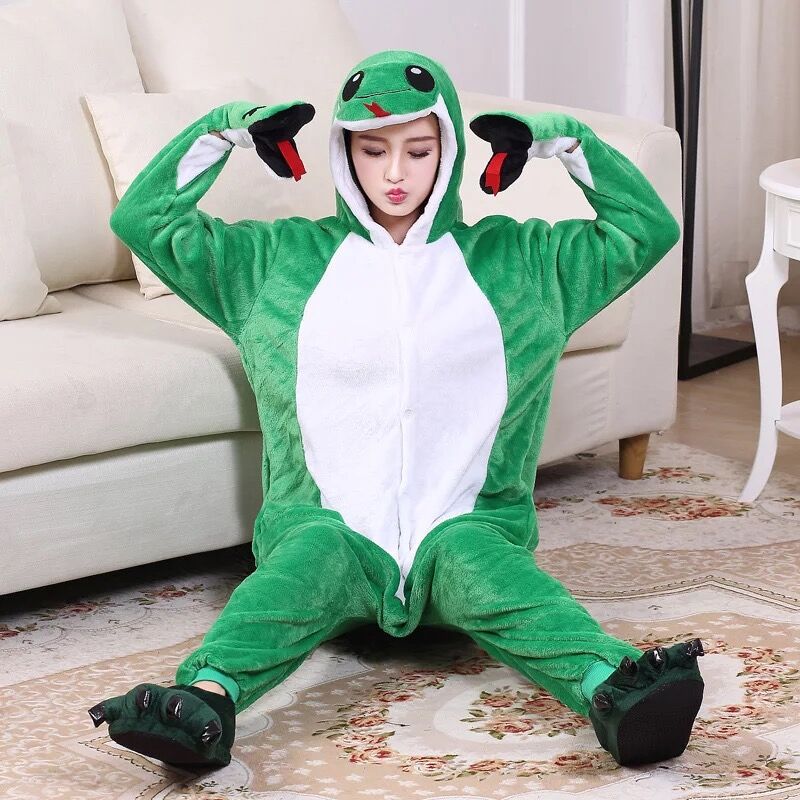 Kigurumi Adult Green Snake Onesies Cartoon Pajamas Animal Halloween Party Costume Jumpsuits Hooded Pyjamas Suit Outfit