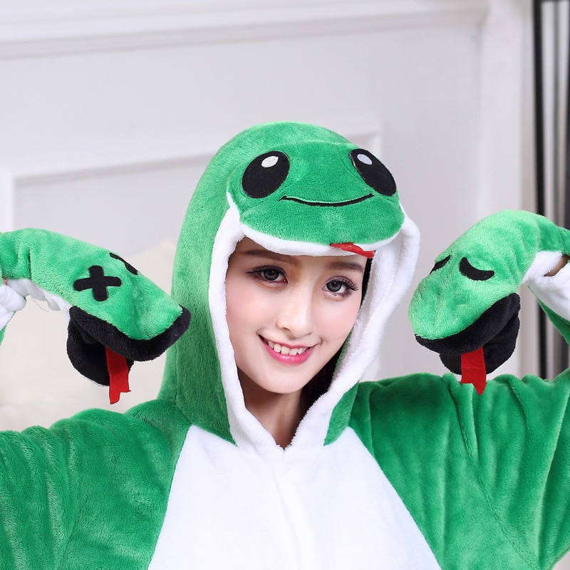 Kigurumi Adult Green Snake Onesies Cartoon Pajamas Animal Halloween Party Costume Jumpsuits Hooded Pyjamas Suit Outfit