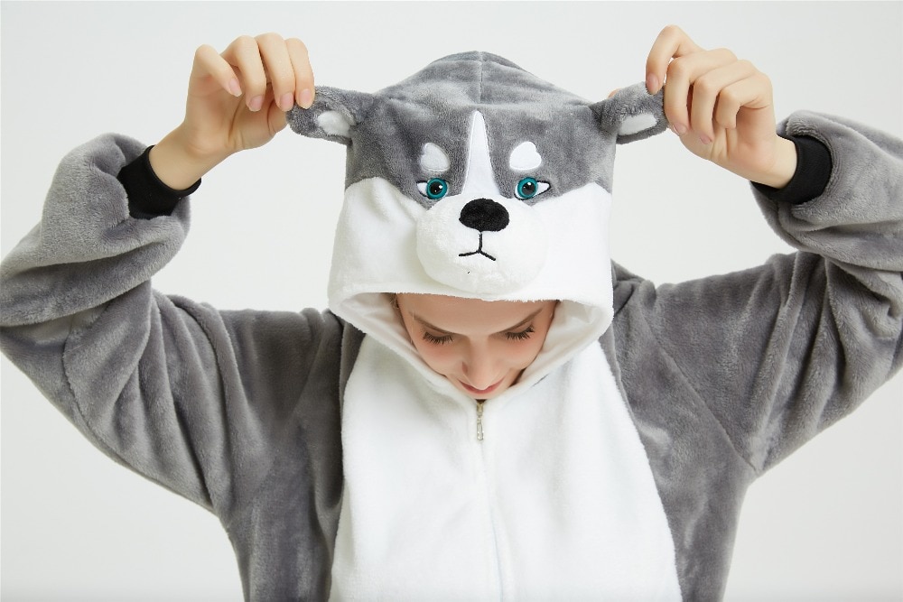 Kigurumi Flannel 3D Grey Adult Huskie Dog Onesie Cartoon Pajama Animal Husky Halloween Party Costume Jumpsuits Hooded Pyjamas