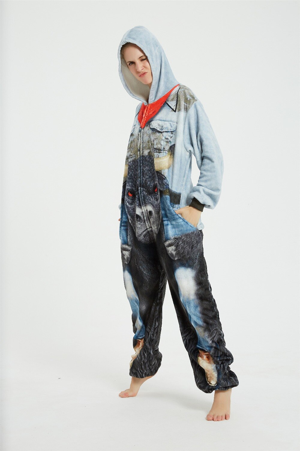 HKSNG New Monster Bull Onesie Kigurumi Flannel With Zipper 3D Print Animal Winter Pajamas Adult Halloween Party Costume Jumpsuit