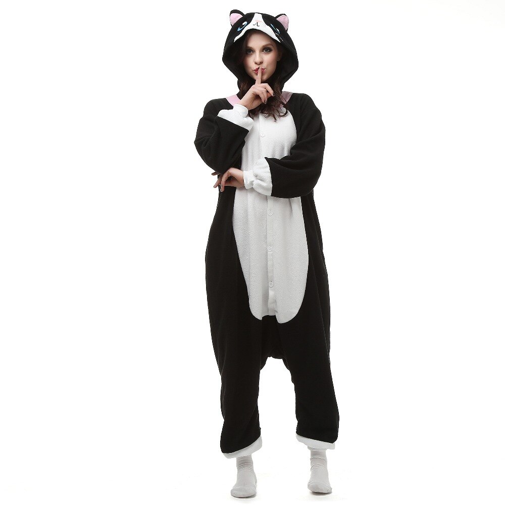 HKSNG Animal Adult Black Cat Kigurumi Onesie Pajamas Cartoon Family Halloween Party Costumes Hooded Best Christmas Gift