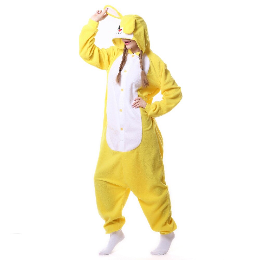 HKSNG New Girls Adult Animal Yellow Bunny Rabbit Onesie Kigurumi Pajamas Cartoon Costumes Jumpsuits Christmas Gift