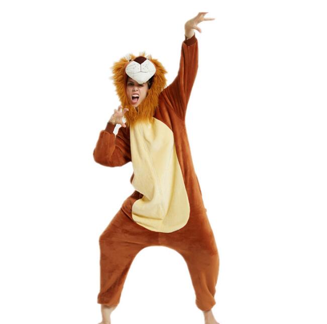 Flannel 3D Adult Kigurumi Lion Onesie Cartoon Pajama Animal Halloween Party Costume Jumpsuits Hooded Pyjamas Suit Outfit