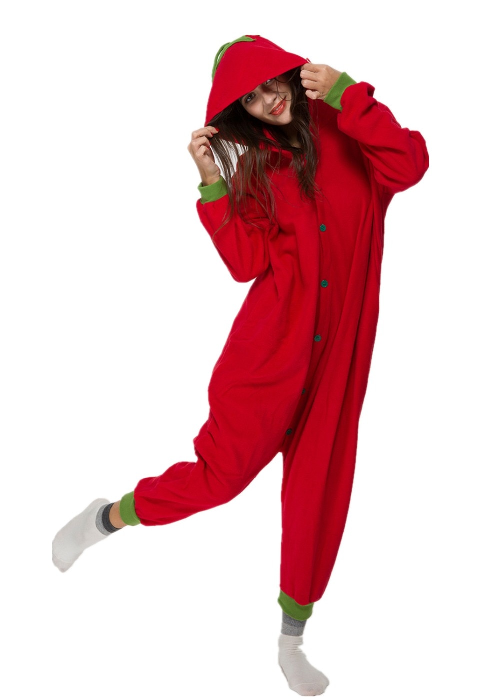 HKSNG Adult Red Pepper Pajamas Fleece Cartoon Tomato Onesies Halloween Party Cosplay Costumes Jumpsuits Pyjamas Kigurumi
