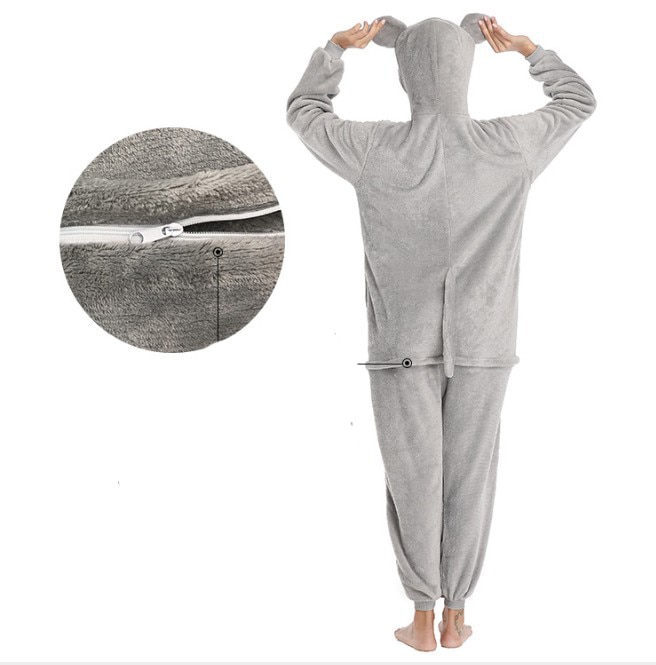 Flannel New Kigurumi Adult Grey Mouse Onesie Pink Nose Cartoon Pajama Animal Halloween Party Costume Jumpsuits Hooded Pyjamas