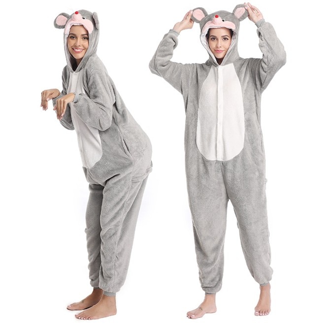 Flannel New Kigurumi Adult Grey Mouse Onesie Pink Nose Cartoon Pajama Animal Halloween Party Costume Jumpsuits Hooded Pyjamas