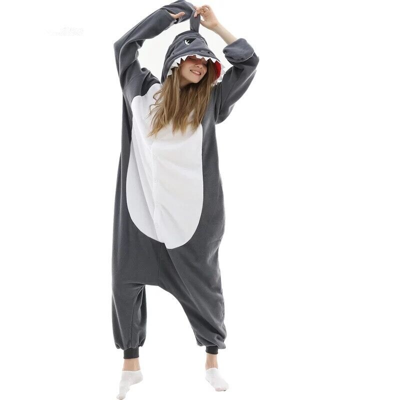 Shark Polar Fleece Soft Kigurumi Onesie Pajama For Adults With Slippers ...