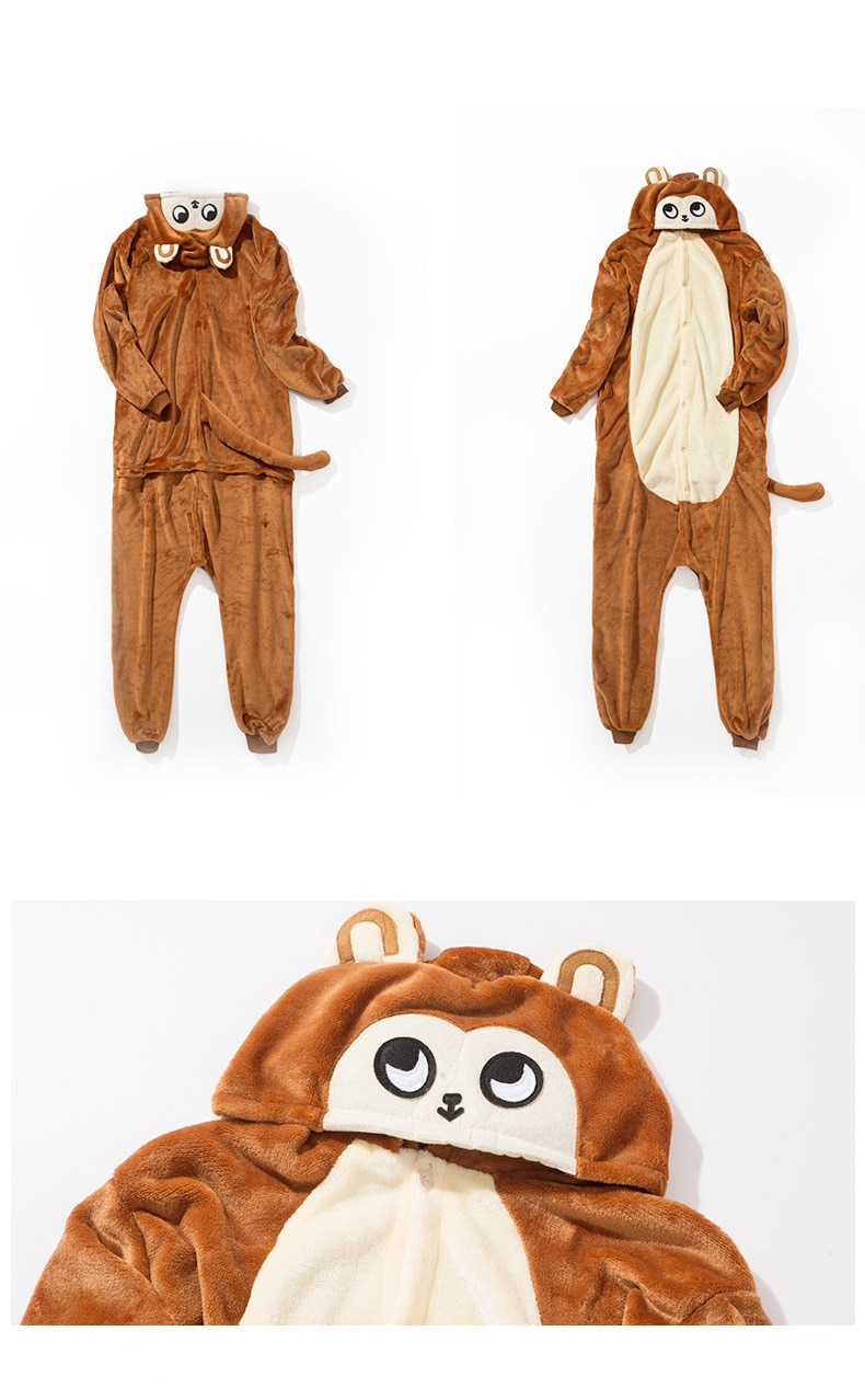 HKSNG Adult Brown Monkey Kigurumi Pajamas Flannel Cartoon Animal Onesies Halloween Party Costumes Jumpsuits Pyjamas
