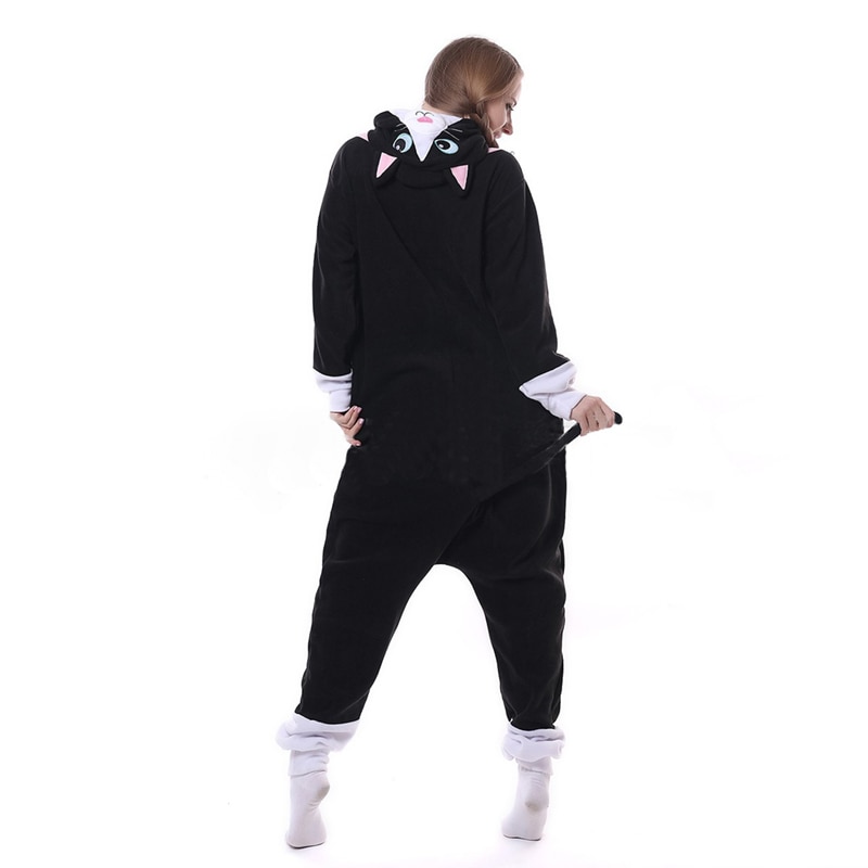 Animal Black Cat Kigurumis Onesie Men Women DJ Kitty Matching Pajama Overall Adult Sleepwear Cartoon Carnival Jumpsuit Fantasias