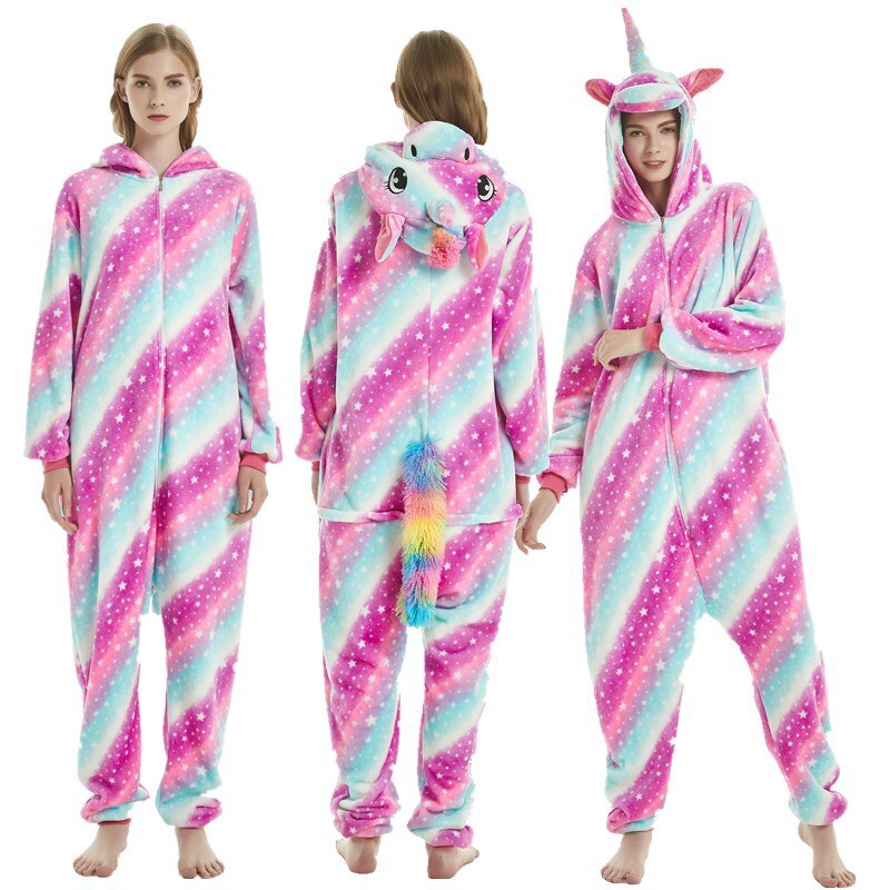 Unicorn Onesie Stripe Colorful Pajama Animal Cartoon Kigurumis Women Adult Overall Zipper Hooded Winter Warm Outfit Sleep Suit