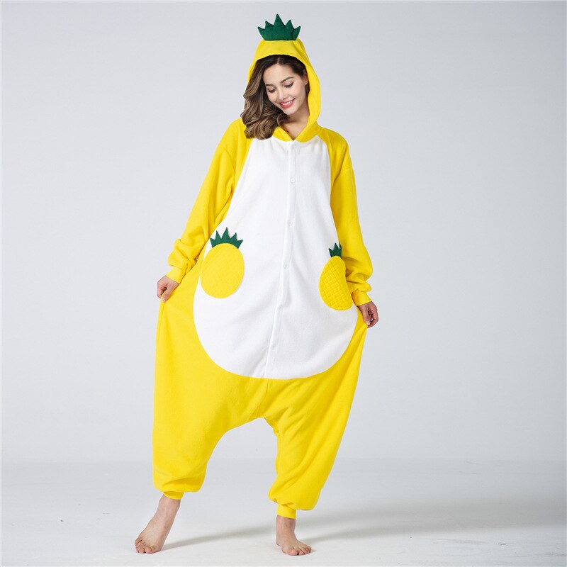 Pineapple Onesie Kigurumis Women Pajama Funny Cute Overalls Adult Winter Jumpsuit Button Polar Fleece Yellow Suit Outfit