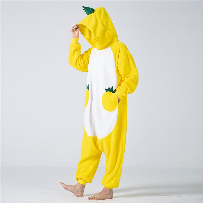 Pineapple Onesie Kigurumis Women Pajama Funny Cute Overalls Adult Winter Jumpsuit Button Polar Fleece Yellow Suit Outfit