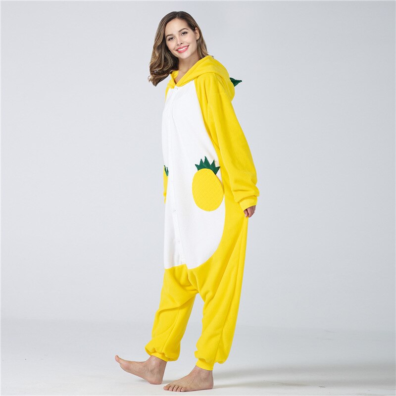Pineapple Onesie Kigurumis Women Pajama Funny Cute Overalls Adult Winter Jumpsuit Button Polar Fleece Yellow Suit Outfit