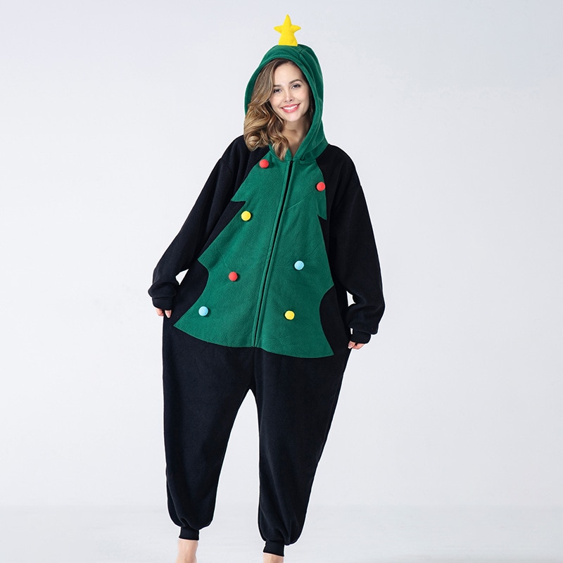 Christmas Tree Onesie Unisex Kigurumis Women Pajama Funny Cute Overalls Adult Winter Homewear Black Green Festival Outfit Button