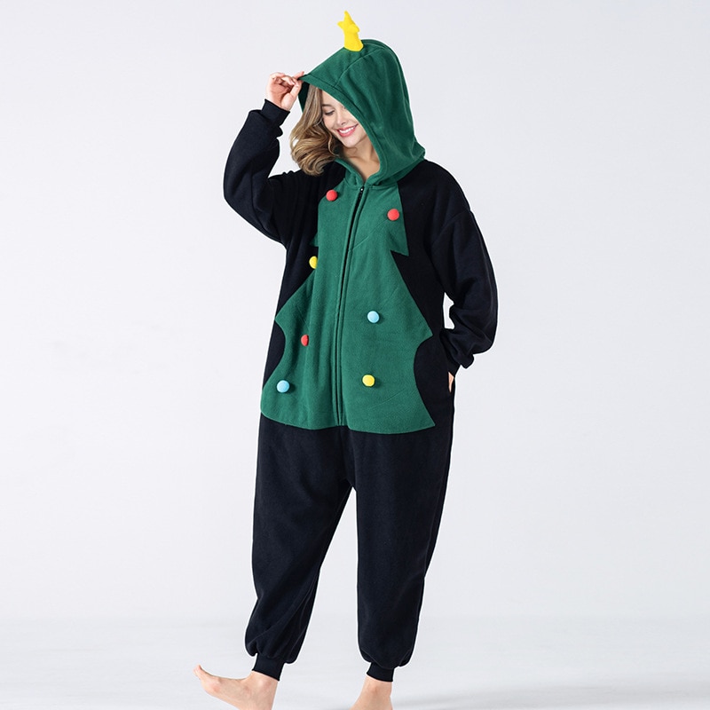Christmas Tree Onesie Unisex Kigurumis Women Pajama Funny Cute Overalls Adult Winter Homewear Black Green Festival Outfit Button