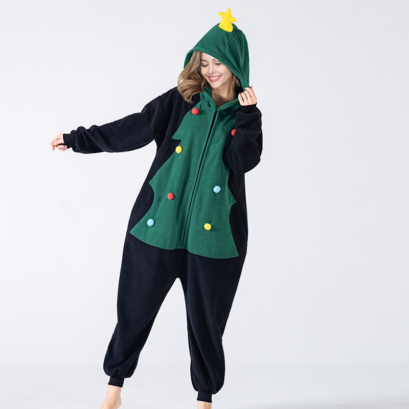 Christmas Tree Onesie Unisex Kigurumis Women Pajama Funny Cute Overalls Adult Winter Homewear Black Green Festival Outfit Button