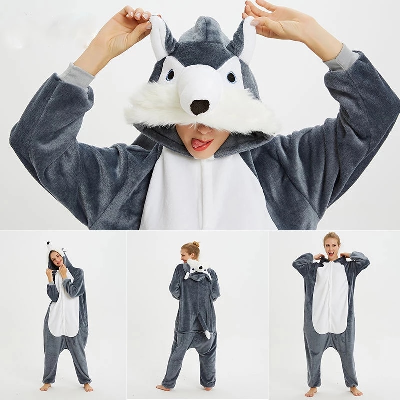 Direwolf Kigurumis Winter Onesie Funny Cute Animal Pajamas Unisex Wolf Outfit Flannel Warm Sleepwear Women Men