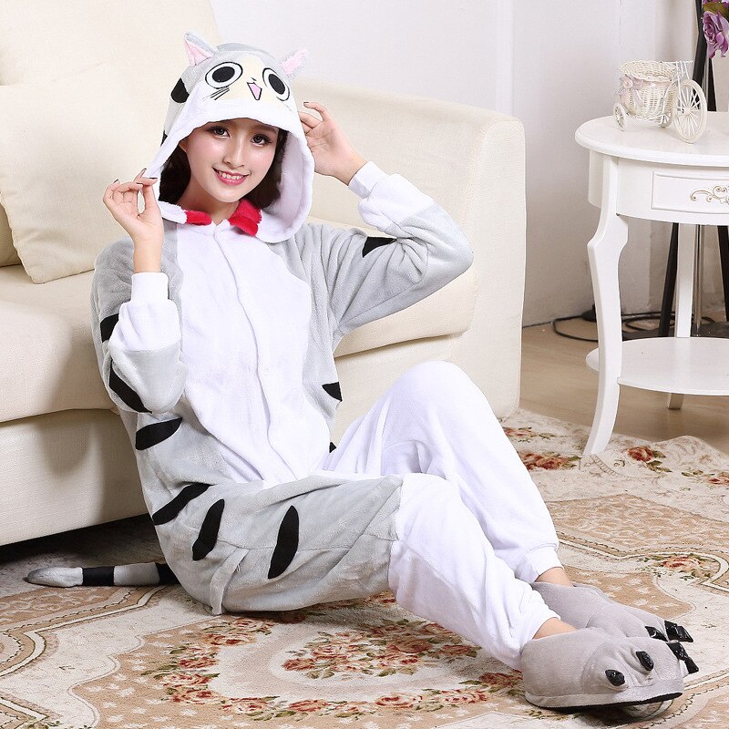 Cartoon Animal Kigurumis Chi Onesie Lovely Cat Pajama Women Adult Warm Thick Flannel Sleep Overalls Carnival Festival Party Suit