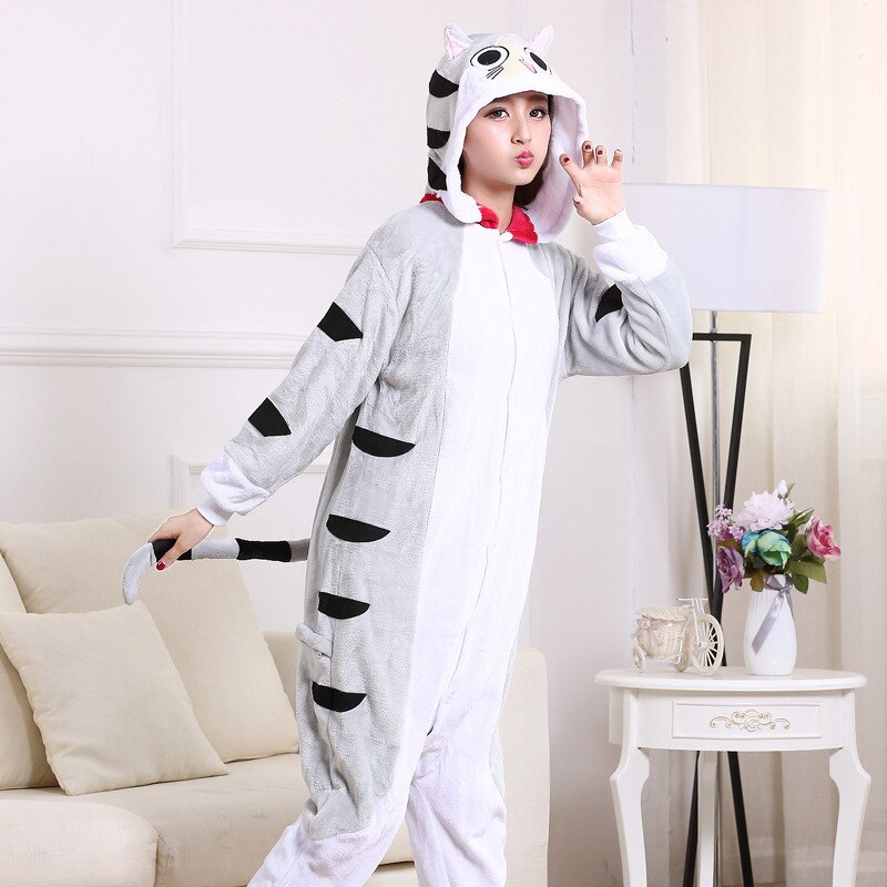 Cartoon Animal Kigurumis Chi Onesie Lovely Cat Pajama Women Adult Warm Thick Flannel Sleep Overalls Carnival Festival Party Suit