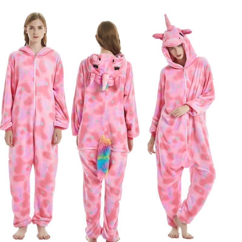 Pink Unicorn Onesie Close Eyes Tenma Pajama Animal Kigurumis Women Zipper Overall Rainbow Tail Cartoon Sleep Suit Outfit