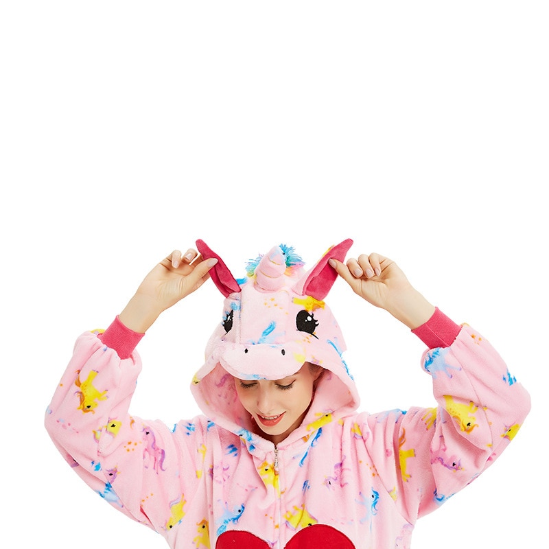 Red Heart Unicorn Kigurumis Women Girl Home Jumpsuit Animal Pegasus Onesie Sleepwear Winter Cute Pajama Festival Party Outfit