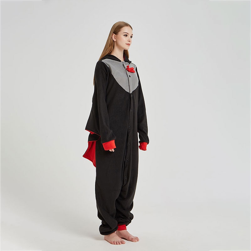 Bat Kigurumis Black Red Funny Cute Onesie Women Men Adult Winter Pajama Animal Suit Halloween Party Performance Polar Fleece