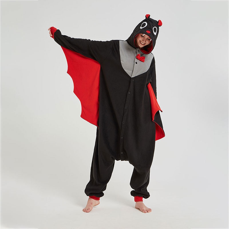 Bat Kigurumis Black Red Funny Cute Onesie Women Men Adult Winter Pajama Animal Suit Halloween Party Performance Polar Fleece
