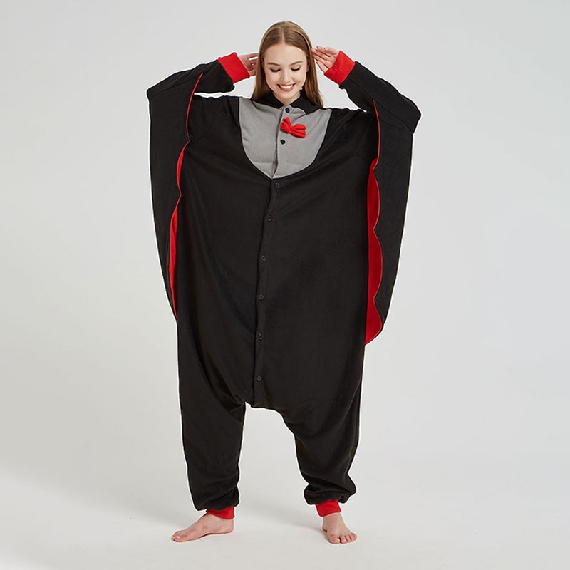 Bat Kigurumis Black Red Funny Cute Onesie Women Men Adult Winter Pajama Animal Suit Halloween Party Performance Polar Fleece