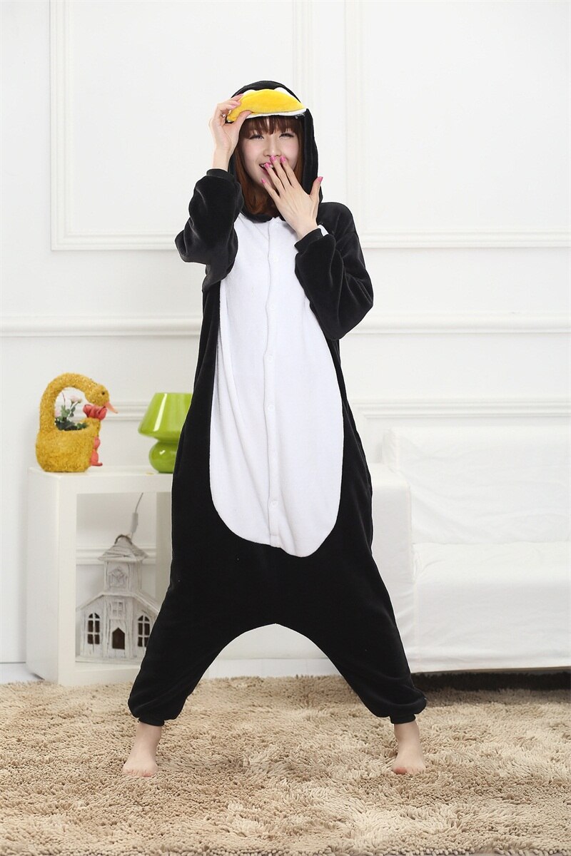 Women Adult Penguin Kigurumis Onesie Funny Animal Cartoon Pajamas Party Jumpsuit Winter Black Warm Sleepwear Cute Overalls Suit