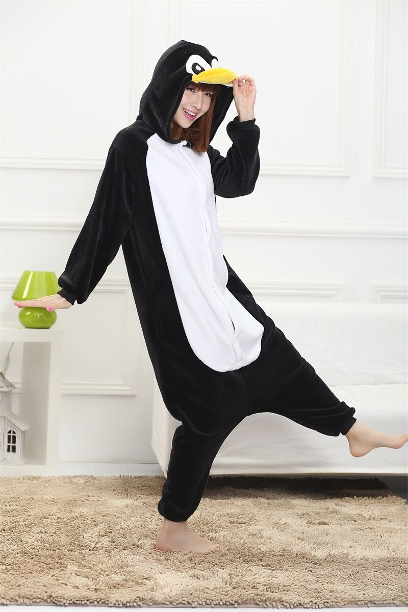 Women Adult Penguin Kigurumis Onesie Funny Animal Cartoon Pajamas Party Jumpsuit Winter Black Warm Sleepwear Cute Overalls Suit