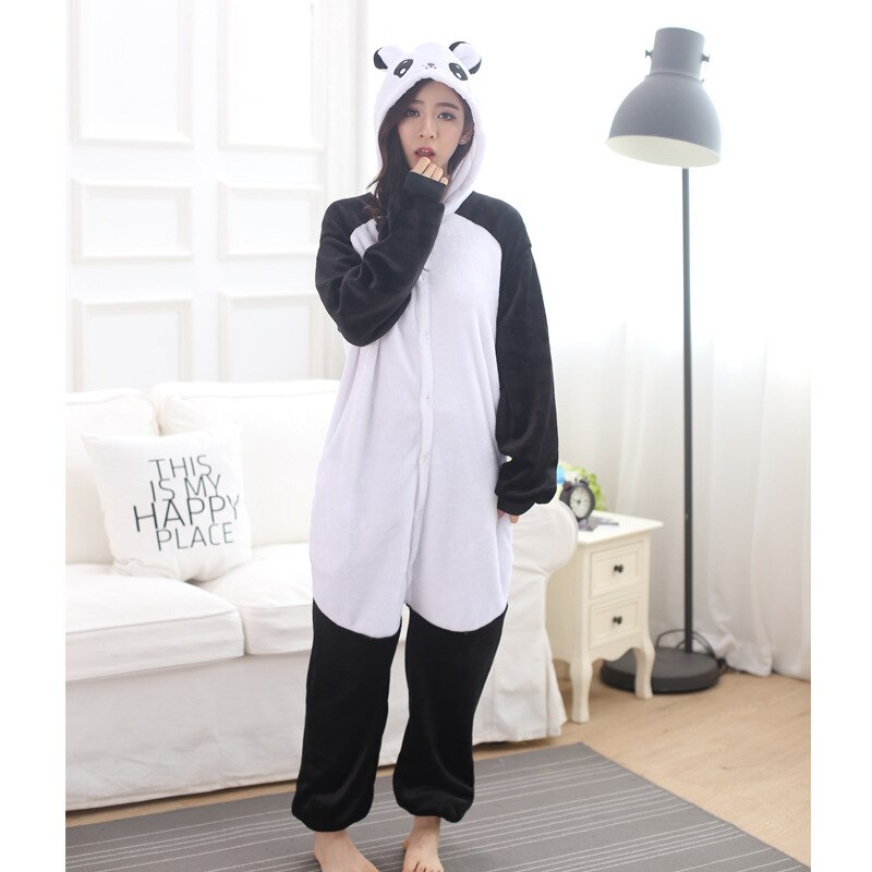 Animal Panda Kawaii Onesie Women Girl Black White Cute Cartoon Pajama Costume With Hooded Fashion Outside Wear Carnival Play