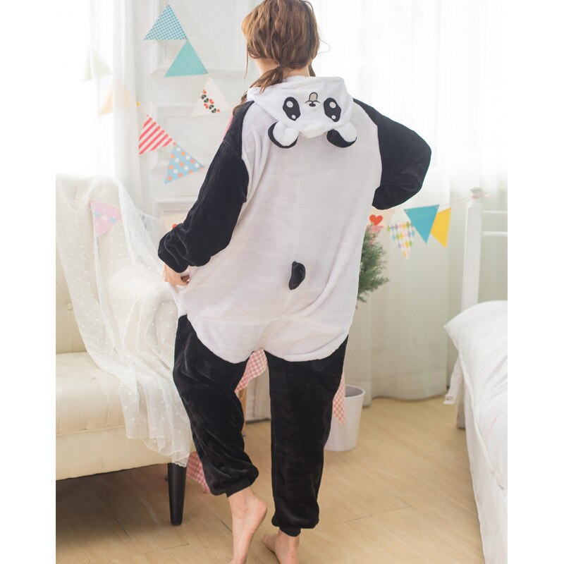 Animal Panda Kawaii Onesie Women Girl Black White Cute Cartoon Pajama Costume With Hooded Fashion Outside Wear Carnival Play