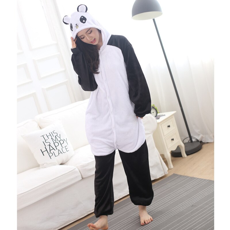 Animal Panda Kawaii Onesie Women Girl Black White Cute Cartoon Pajama Costume With Hooded Fashion Outside Wear Carnival Play
