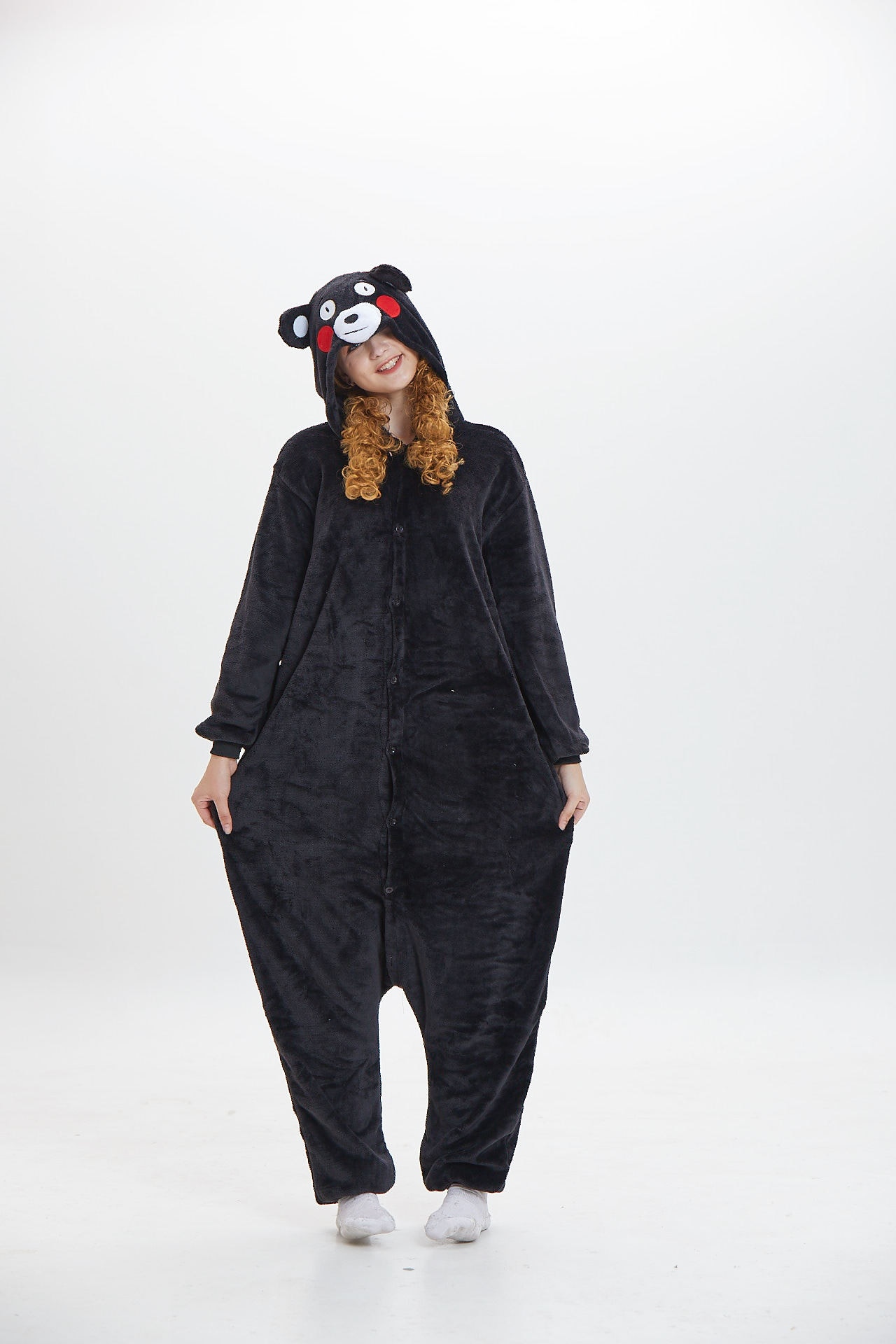 Kumamon Kigurumis Onesie Women Adult Black Bear Pajama Funny Cute Animal Cartoon Jumpsuit Winter Warm Soft Street Wear