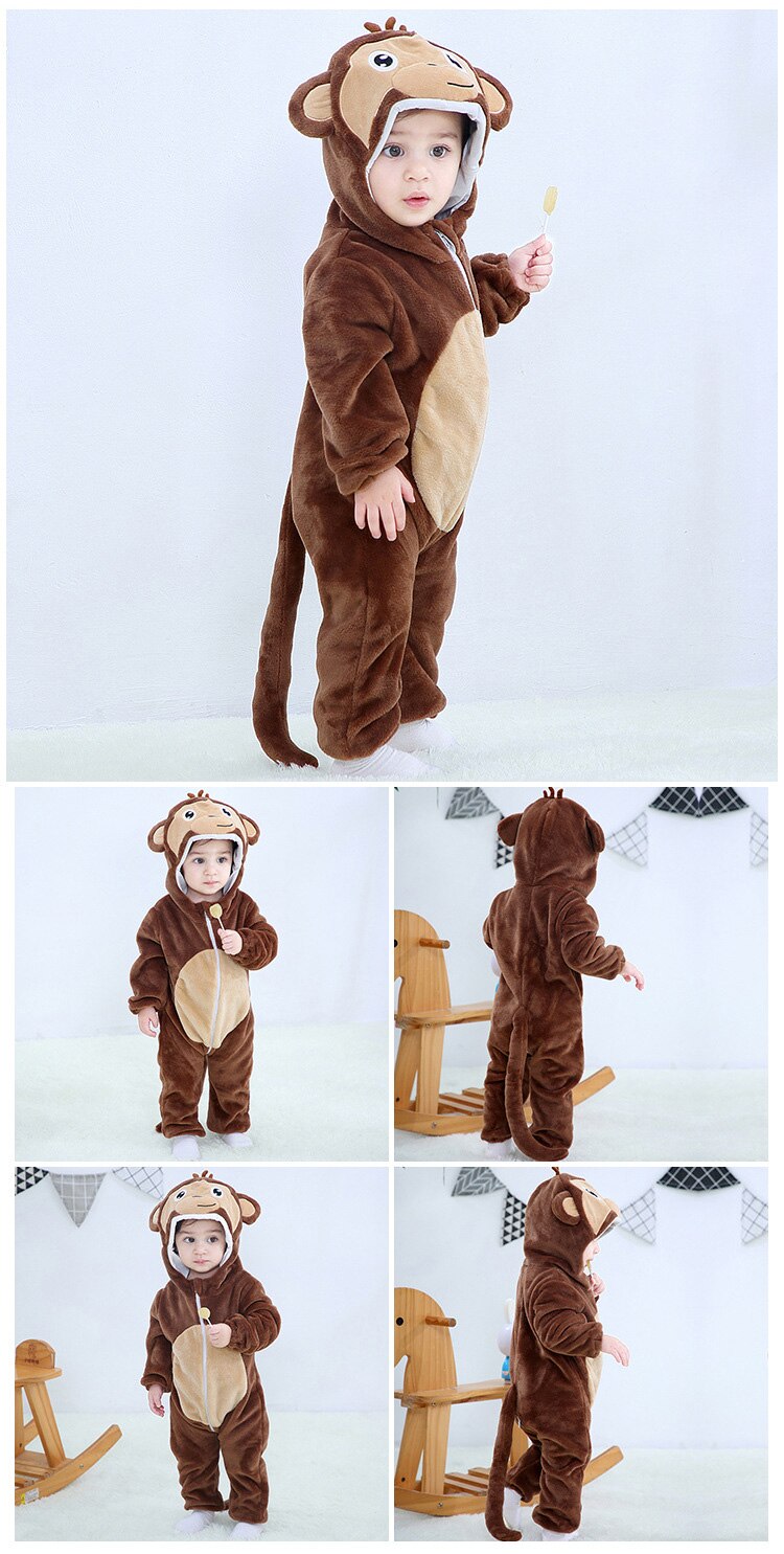 Cute Baby 0-3 Years Jumpsuit Boy Girl Animals Custume Winter Warm Onesies Zipper Flannel Romper Festival Cosplay Suit For Kids