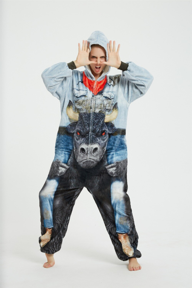 3D Monster Bull Printed Soft Polar Fleece Kigurumi Onesie Pajama For Adults