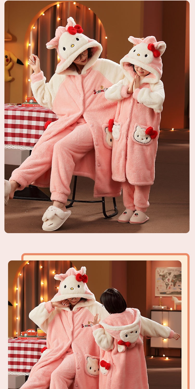 Sanrio Coral Fleece Pajamas Hello Kitty Mymelody Cinnamoroll Kuromi Thickened Fleece Pajamas Parent-child Outfit Home Clothes